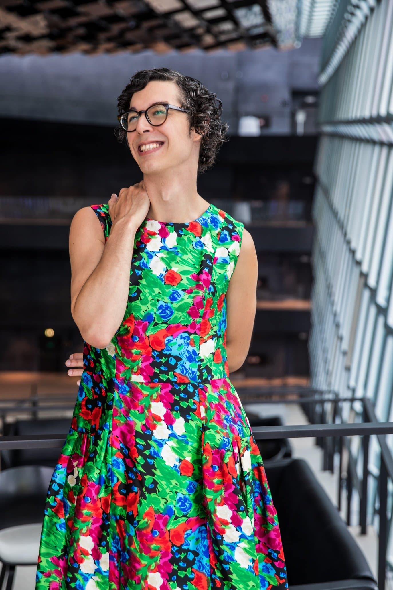 Green dress, smiling in Harpa
